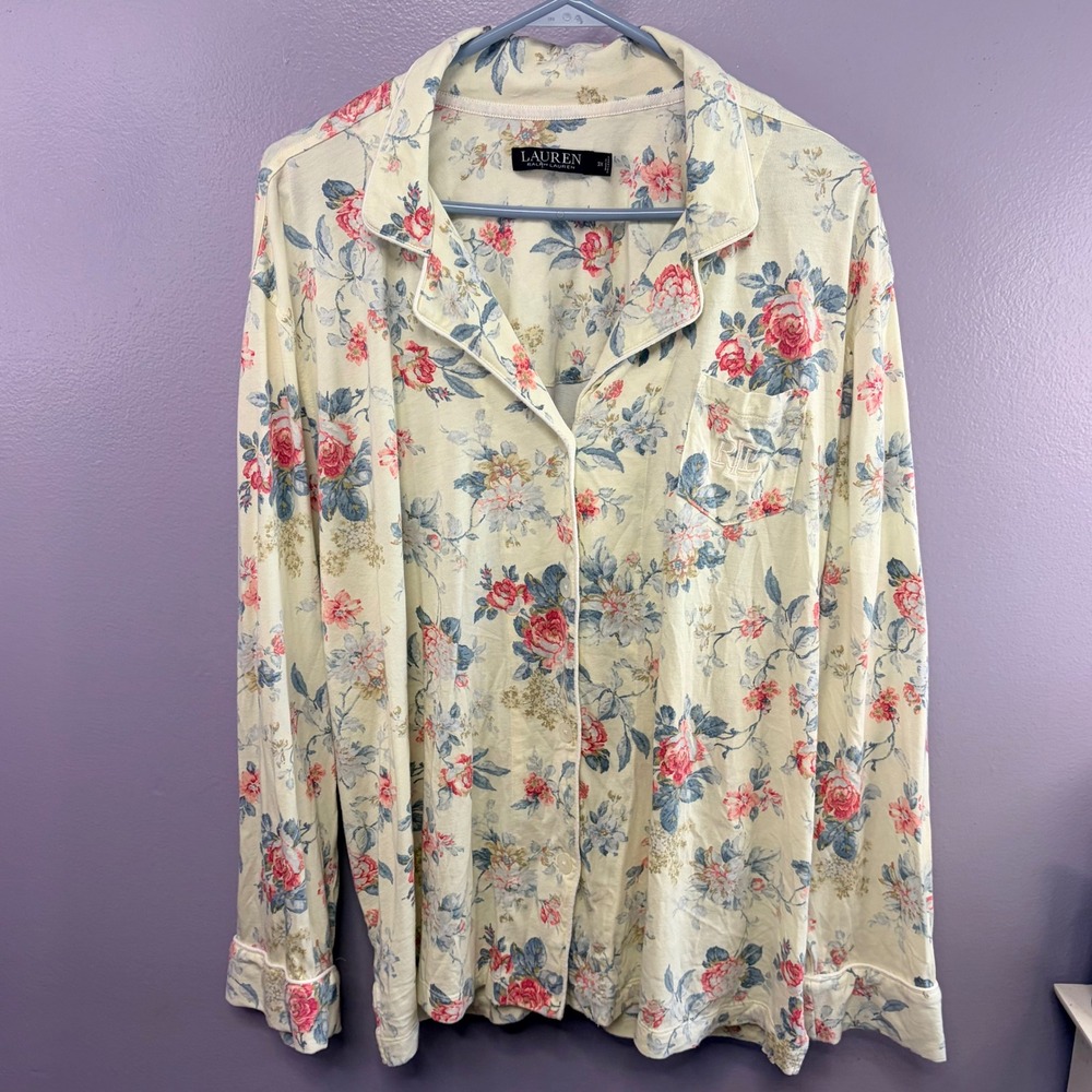 Lauren Ralph Lauren Floral Pajama Set 3X Cream Pink Blue Cotton Blend 2 Piece